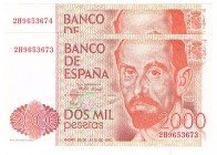 Billetes
 Juan Carlos I, Banco de España
 2000 Pesetas. 22 julio 1980. Serie 2H. Pareja correlativa. ED.479a. SC.