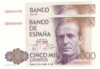 Billetes
 Juan Carlos I, Banco de España
 5000 Pesetas. 23 octubre 1979. Serie 6D. Pareja correlativa. ED.478a. SC.