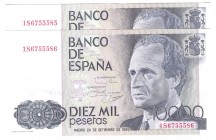 Billetes
 Juan Carlos I, Banco de España
 10000 Pesetas. 24 septiembre 1985. Serie 1S. Pareja correlativa. ED.481a. SC-.