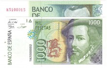Billetes
 Juan Carlos I, Banco de España
 Lote de 2 billetes. 1000 Pesetas 1979 y 1992. Ambos con serie y numeraciones capicúas. Curiosos. SC.