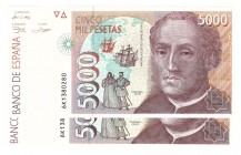Billetes
 Juan Carlos I, Banco de España
 5000 Pesetas. 12 octubre 1992. Serie 6K. Pareja correlativa. ED.484a. Última serie de este billete. SC.