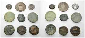 HISPANIA ANTIGUA. Lote de 9 piezas: denario forrado (1), unidad (6), semis (1) y cuadrante (1). Cecas: Arekoratas, Bilbilis, Caesaraugusta, Kelse, Kon...