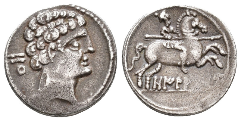 HISPANIA ANTIGUA. OILAUNIKOS. Denario. A/ Cabeza masculina a der., peinado en tr...