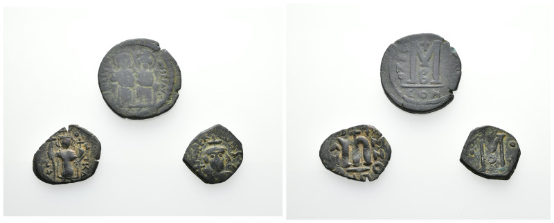 IMPERIO BIZANTINO. Lote de 3 follis: Justino II, Constante II y Heraclonas. BC-/...