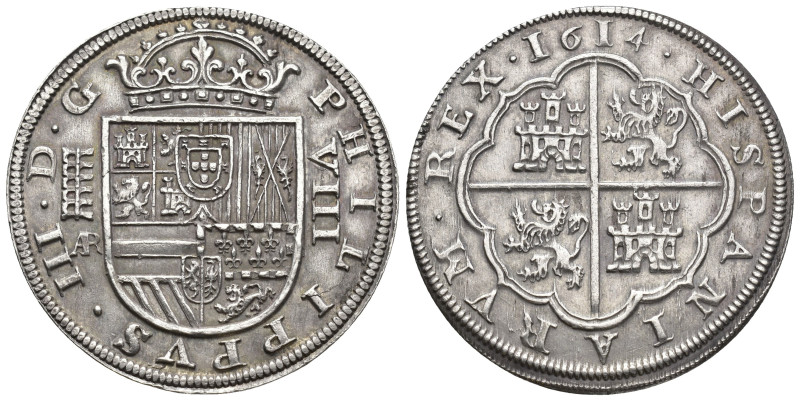 FELIPE III. 8 reales. Segovia. 1614. AR. Seis flores de lis grandes. AR 26,97 g....