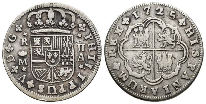 FELIPE V. 2 reales. Madrid 1725/4. A. AR 5,6 g. 27,8 mm. VI-636 var. Rayitas. MB...