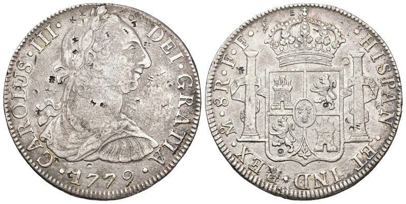 CARLOS III. 8 reales. México 1779. FF. AR 25,17 g. 38,7 mm. VI-942. MBC-/MBC.