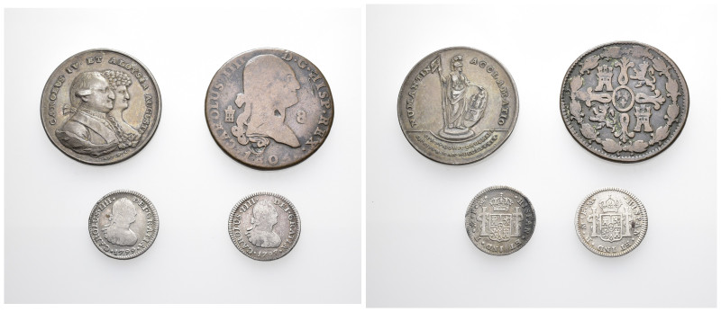 CARLOS IV. Lote de 4 piezas: medalla 1789 Soria; 8 mrs. 1805 Segovia; 1/2 real 1...