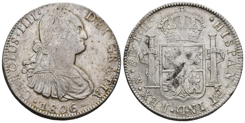 CARLOS IV. 8 reales. México 1806. TH. AR 27,01 g. 39,8 mm. VI-804. Finas rayas y...