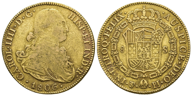 CARLOS IV. 8 escudos. Potosí 1806. PJ. AU 27 g. 37 mm. VI-1409. Acuñada con cuño...