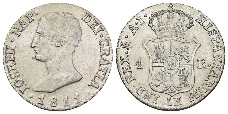 JOSÉ I BONAPARTE. 4 reales. Madrid. 1811. AI. AR 5,97 g. 25,6 mm. VI-14. Hojita ...