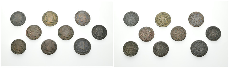 FERNANDO VII. Lote de 9 monedas de 2 maravedís. BC+/MBC+.