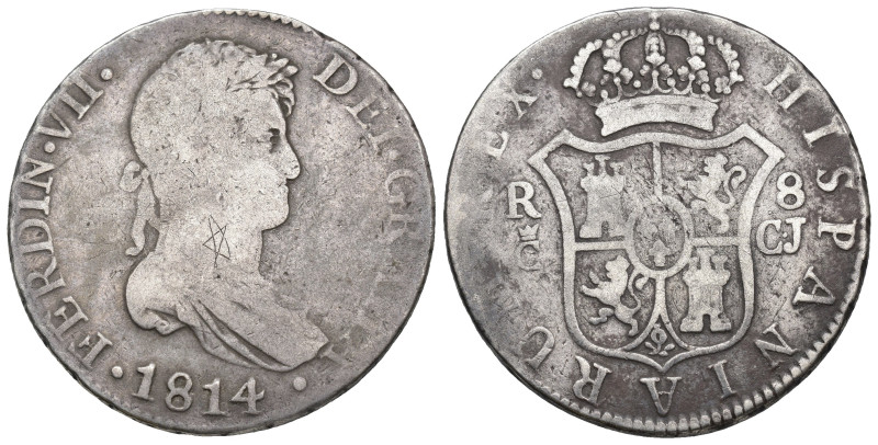 FERNANDO VII. 8 reales. Cádiz. 1814. CJ. AR 26,46 g. 38,5 mm. VI-954. Grafito en...