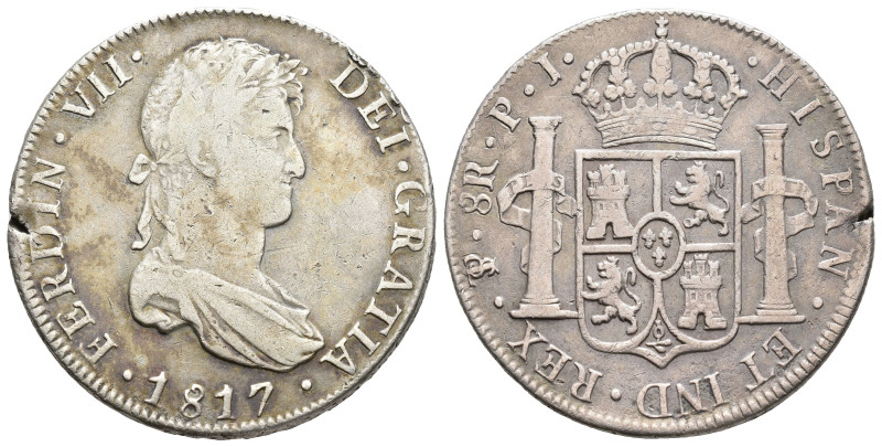 FERNANDO VII. 8 reales. Potosí. 1817. PJ. AR 26,53 g. 38,2 mm. VI-1138. Cospel a...