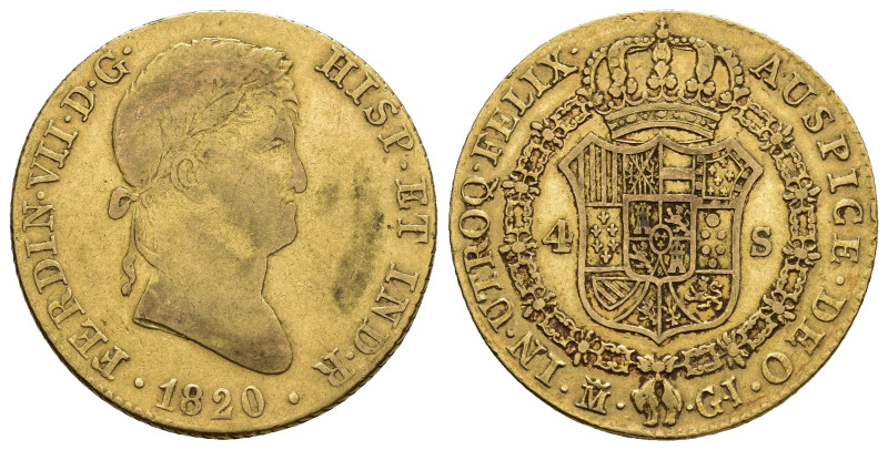 FERNANDO VII. 4 escudos. Madrid. 1820. GJ. AU 13,4 g. 28,2 mm. VI-1425. MBC-.