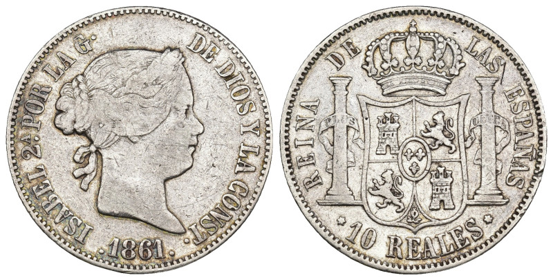 ISABEL II. 10 reales. Madrid. 1861. AR 12,69 g. 29,3 mm. VI-459. BC+/MBC-.