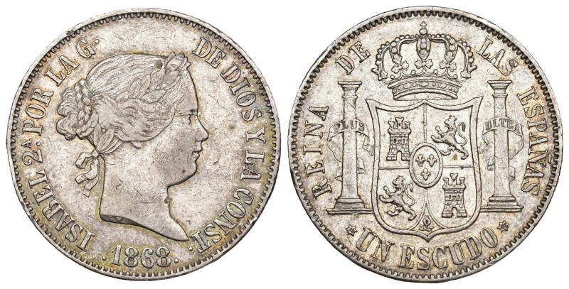 ISABEL II. Escudo. Madrid. 1868. AR 12,89 g. 29,5 mm. VI-482. Pequeñas marcas. M...