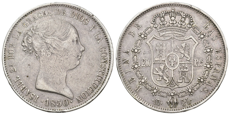 ISABEL II. 20 reales. Madrid. 1850. CL. AR 25,82 g. 37,5 mm. VI-506. BC+/MBC-.