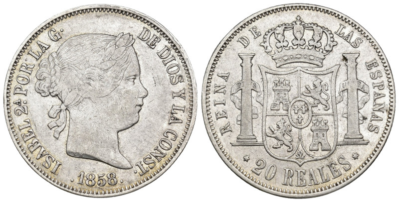 ISABEL II. 20 reales. Madrid. 1858. AR 25,64 g. 36,8 mm. VI-514. Rayitas en anv....