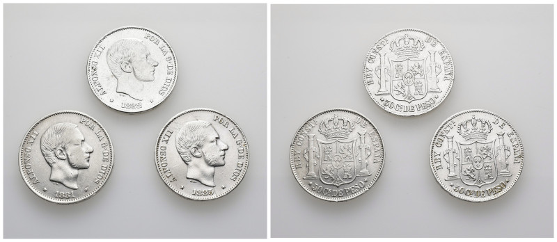 ALFONSO XII. Lote de 3 piezas de 50 centavos de peso: 1881, 1882 y 1885 Manila. ...