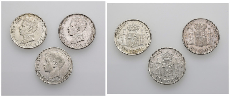 ALFONSO XIII. Lote de 3 piezas de 1 pta.: 1901, 1903 y 1904. MBC-/EBC-.