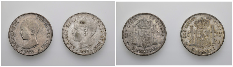 ALFONSO XIII. Lote de 2 monedas de 5 pesetas: 1891*18-81. Madrid. PGL; 1897*18-9...