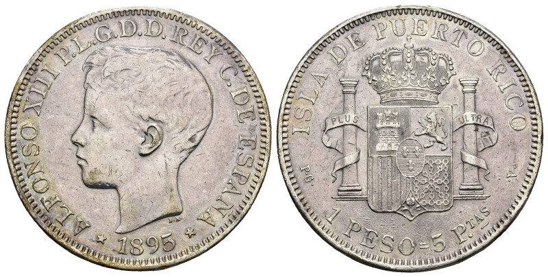 ALFONSO XIII. Peso. Puerto Rico. 1895. PGV. AR 24,92 g. 37,2 mm. VII-193. Pequeñ...