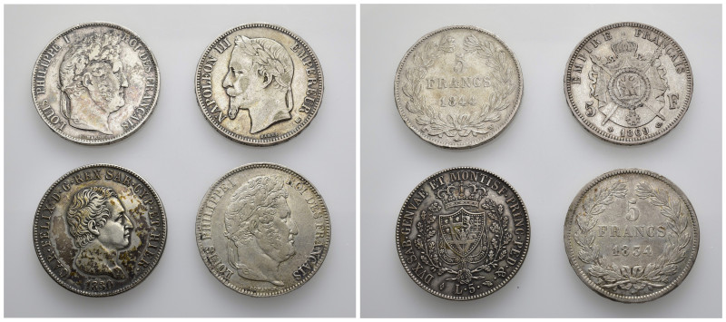 MONEDA EXTRANJERA. Lote de 4 monedas de módulo duro: 5 francos de Luis Felipe -2...