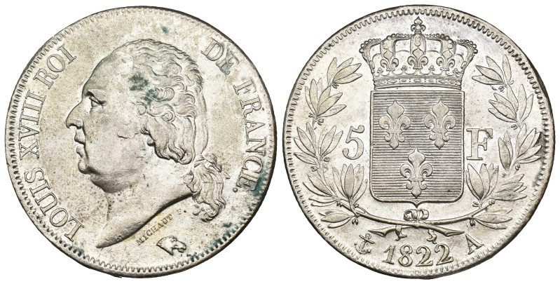 MONEDA EXTRANJERA. FRANCIA. Luis XVIII. 5 francos. A. 1822. AR 24,82 g. 37,2 mm....