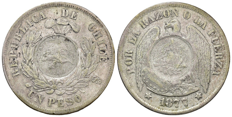 MONEDA EXTRANJERA. GUATEMALA. Peso. Resello bifacial sobre un peso de Chile 1877...