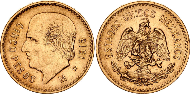 Mexico 5 Pesos 1918 M

KM# 464, N# 28708; Gold (.900) 4.13 g; Mexico Mint; XF+