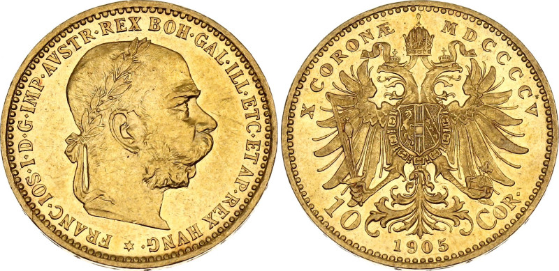 Austria 10 Corona 1905 MDCCCCV

KM# 2805, Fr# 506, N# 33244; Gold (.900) 3.38 ...