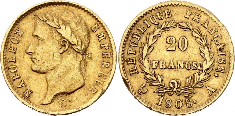 France 20 Francs 1808 A

KM# 687.1, N# 25123; Gold (.900) 6.45 g.; Napoleon I;...