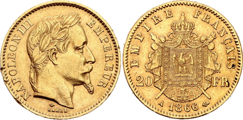 France 20 Francs 1866 A

KM# 801.1, N# 6718; Gold (.900) 6.45 g.; Napoleon III...