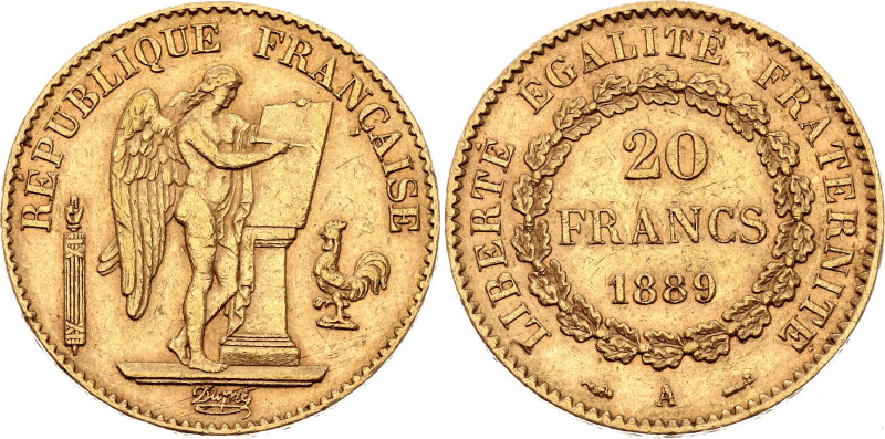 France 20 Francs 1889 A

KM# 825, N# 3654; Gold (.900) 6.45 g.; Paris Mint; XF...