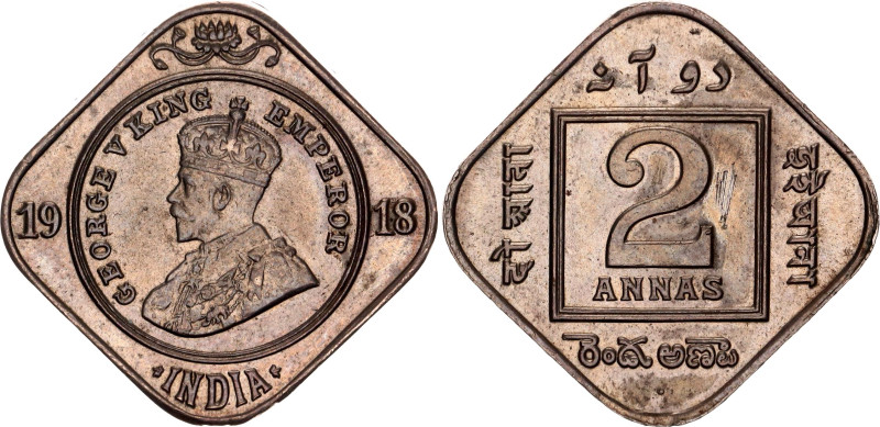 British India 2 Annas 1918

KM# 516, N# 1300; Copper-nickel; George V; Bombay ...