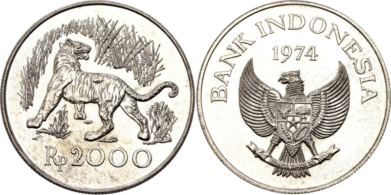 Indonesia 2000 Rupiah 1974

KM# 39, N# 19650; Silver; Conservation - Javan Tig...