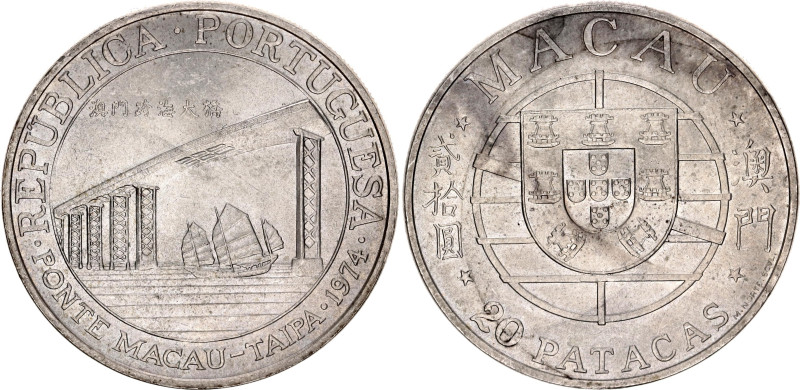 Macao 20 Patacas 1974

KM# 8, N# 15407; Silver; Ponte Macau; Lisbon Mint; UNC