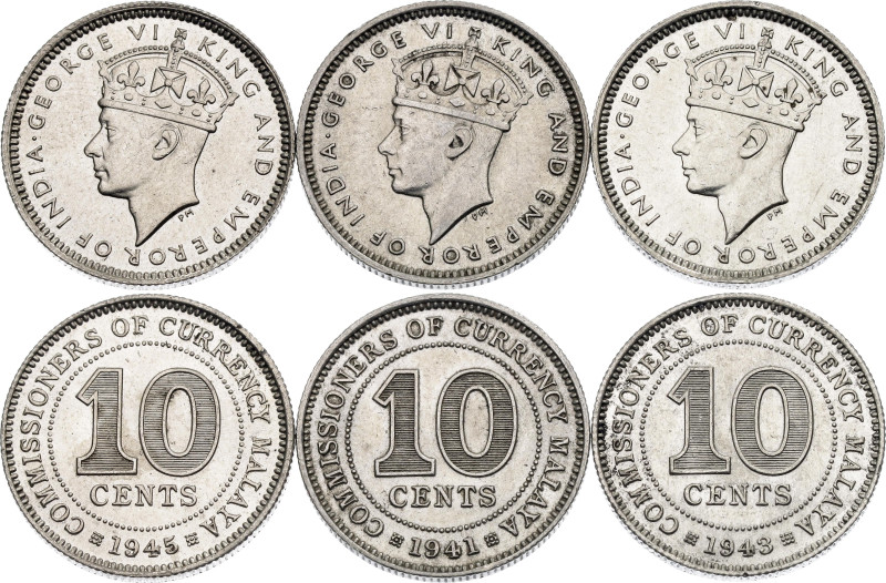 Malaya 3 x 10 Cents 1939 - 1943

KM# 4, 4a; Silver; George VI; London Mint; XF...