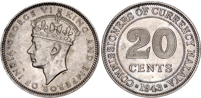 Malaya 20 Cents 1943

KM# 5a, N# 12720; Silver; George VI; London Mint; UNC wi...