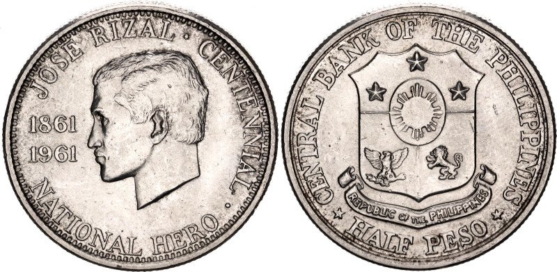 Philippines 1/2 Peso 1961

KM# 191, N# 34527; Silver; 100th Anniversary of Bir...