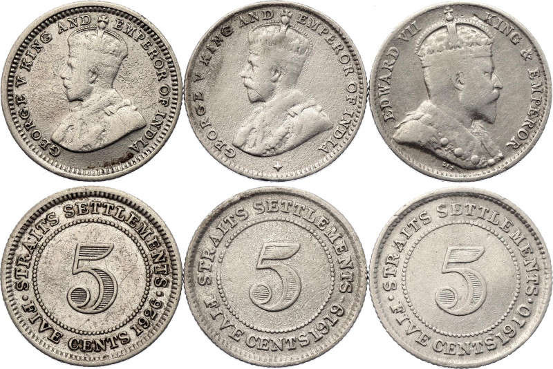 Straits Settlements 3 x 5 Cents 1910 - 1926

KM# 20a, 31, 36; Silver; Edward V...