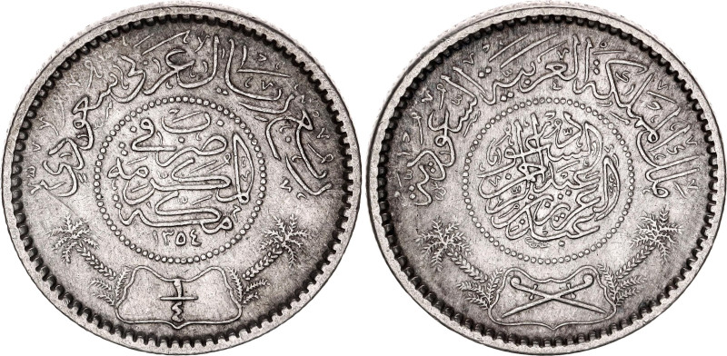 Saudi Arabia 1/4 Riyal 1935 AH 1354

KM# 16, N# 19933; Silver; Abdulaziz bin A...