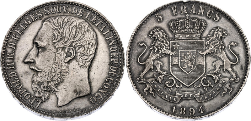 Belgian Congo 5 Francs 1894

KM# 8.1, LA# VCM-12, N# 18068; Silver; Leopold II...