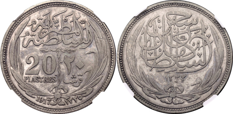 Egypt 20 Piastres 1917 AH 1335 NGC AU

KM# 321, N# 15235; Silver; Hussein Kame...