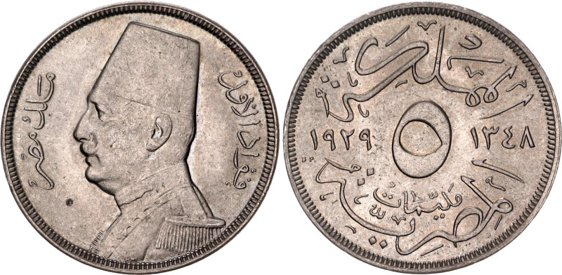 Egypt 5 Milliemes 1929 BP. AH 1348

KM# 346, N# 8676; Copper-nickel; Fuad; Bud...