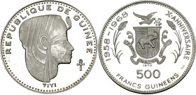 Guinea 500 Francs Guineens 1970

KM# 28, N# 1155462; Silver. Proof; Tiyi; Mintage 4120 pcs.; With minor hairlines