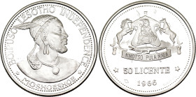 Lesotho 50 Licente 1966

KM# 4.1, N# 40263; "900/1000" to right of date; Silver., Proof; Moshoeshoe II; Independence Attained; Mintage 17500 pcs.; W...