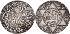 Morocco 2-1/2 Dirhams / 1/4 Rial 1903 AH 1321

Y# 20.1, N# 8398; Silver; Abd al-Hafiz; Berlin Mint; UNC