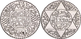 Morocco 5 Dirhams / 1/2 Rial 1903 AH 1320

Y# 21.1, N# 156579; Silver; Abd al-Hafiz; Berlin Mint; XF+